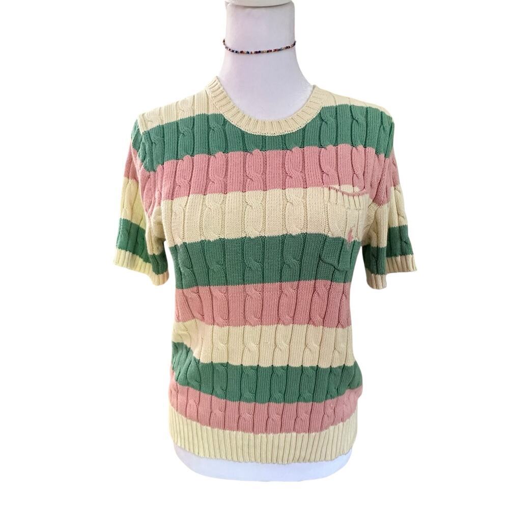 POLO RALPH LAUREN | M Striped Cable Knit Short Sleeve Sweater Pastel Old Money